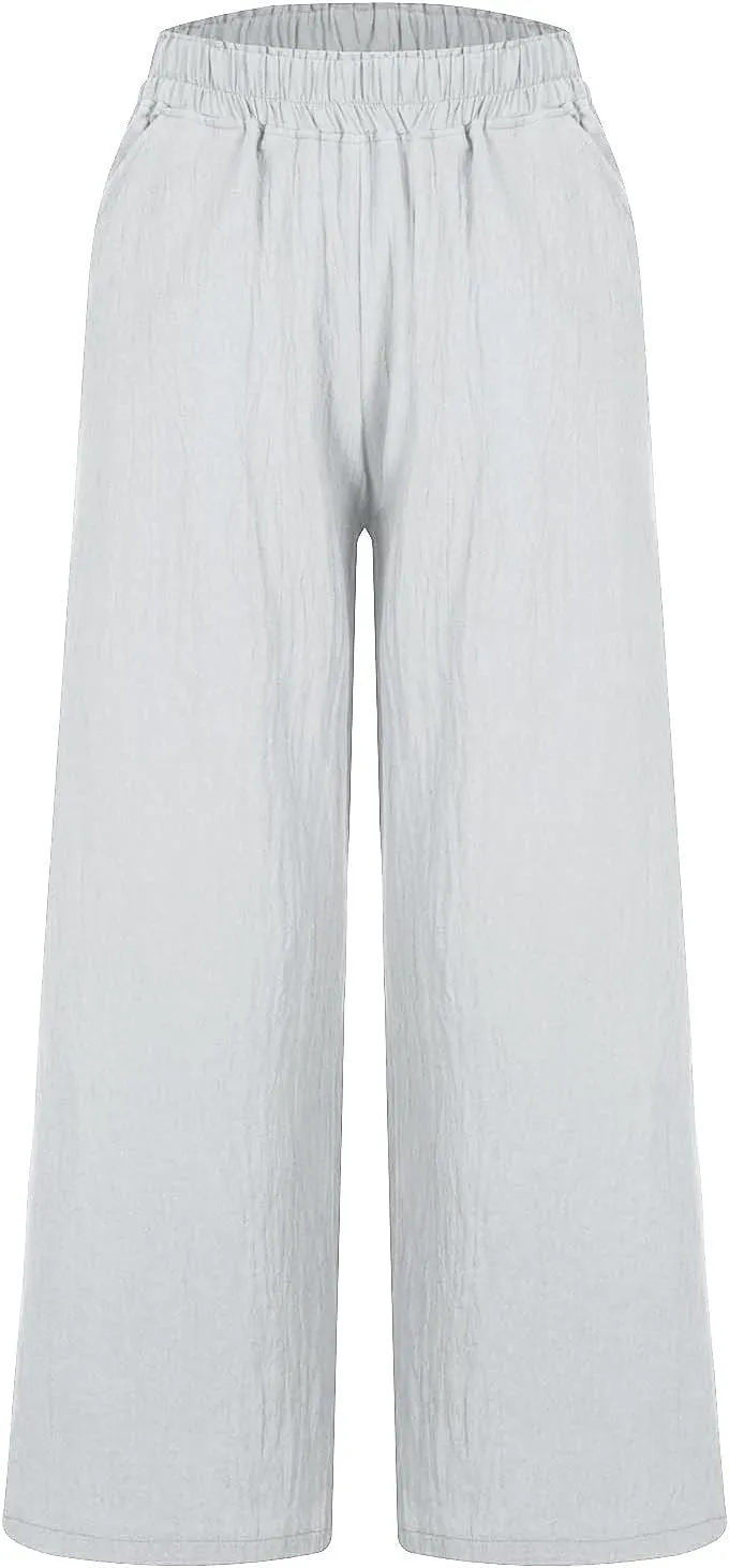 Womens Linen Capri Pants Wide Leg Palazzo Lounge Pant Summer High Waisted Flowy 2024 Beach Work Boho Casual Trousers