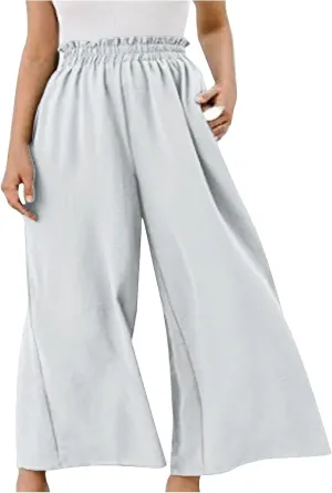 Womens Linen Capri Pants Wide Leg Palazzo Lounge Pant Summer High Waisted Flowy 2024 Beach Work Boho Casual Trousers