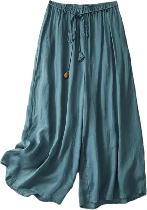 Women's Linen Double-Layer Wide-Leg Pants  High Waist Loose Fit Lace-Up Elegant Ankle-Length Casual Summer Trousers