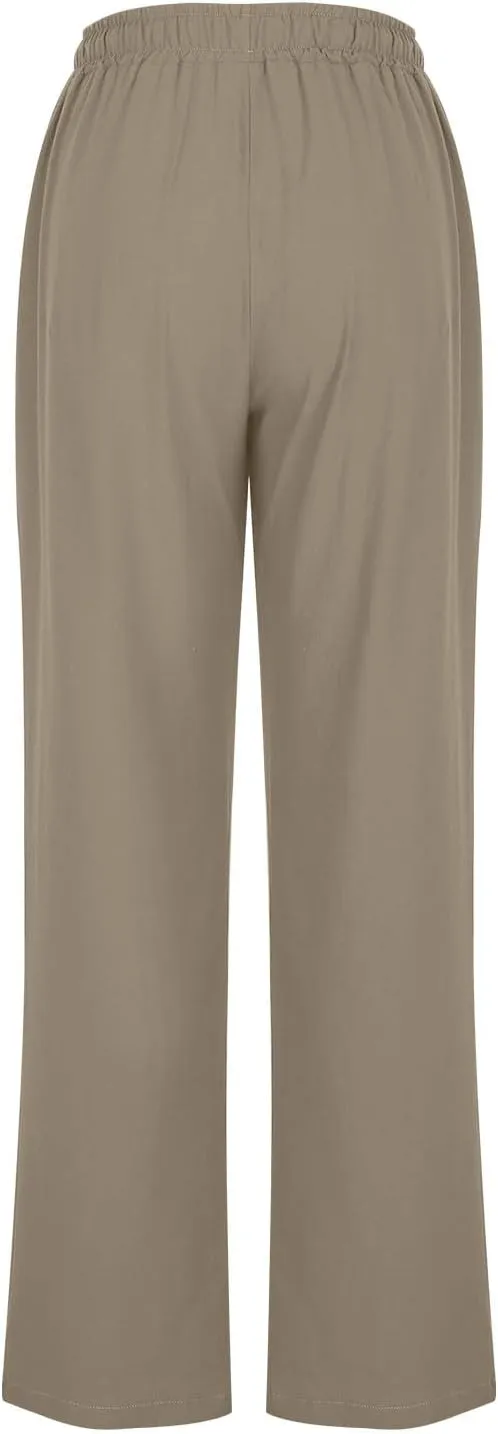 Women's Linen Palazzo Pants Summer 2025 High Waisted Drawstring Trousers Plus Size Trendy Lounge Pant with Pockets