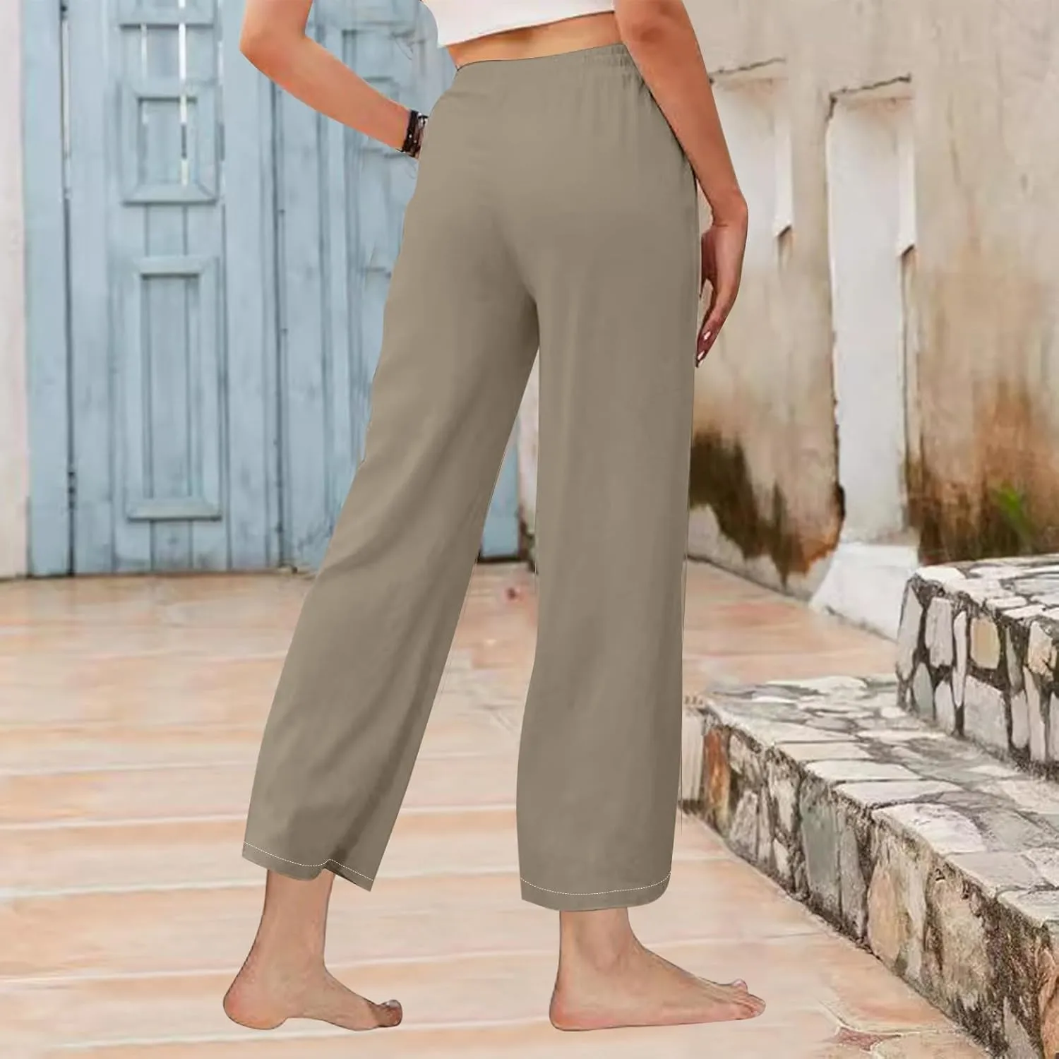 Women's Linen Palazzo Pants Summer 2025 High Waisted Drawstring Trousers Plus Size Trendy Lounge Pant with Pockets