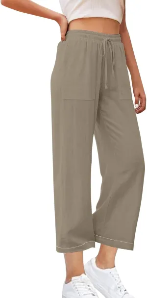 Women's Linen Palazzo Pants Summer 2025 High Waisted Drawstring Trousers Plus Size Trendy Lounge Pant with Pockets