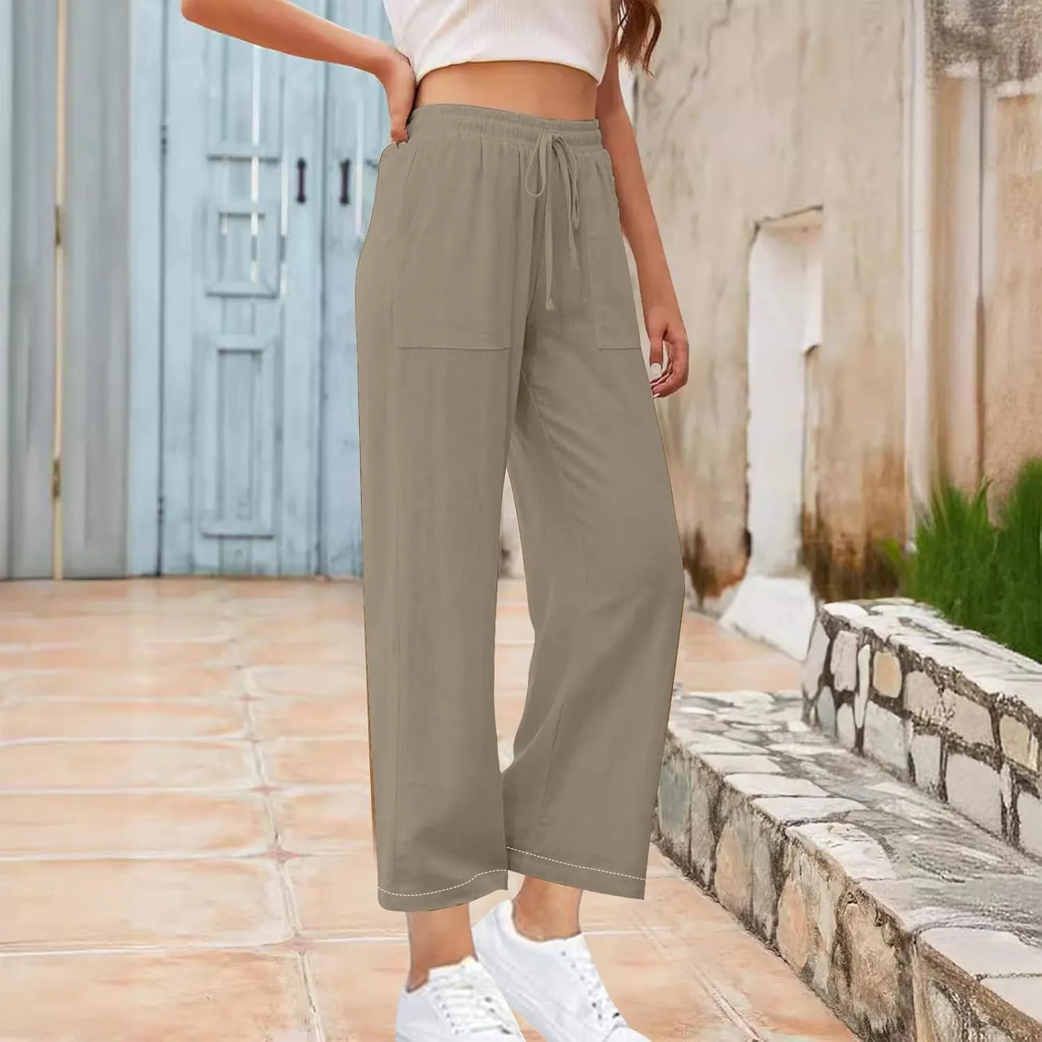 Women's Linen Palazzo Pants Summer 2025 High Waisted Drawstring Trousers Plus Size Trendy Lounge Pant with Pockets