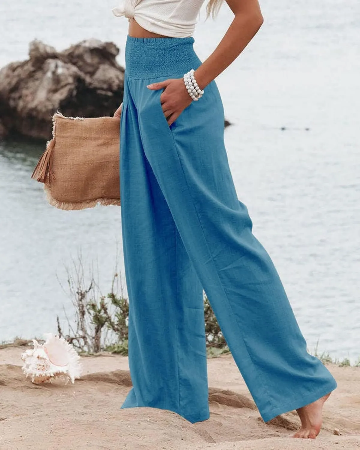 Women's Linen Palazzo Pants Summer High Waisted Boho Wide Leg Long Lounge Pant Trousers with Pocket