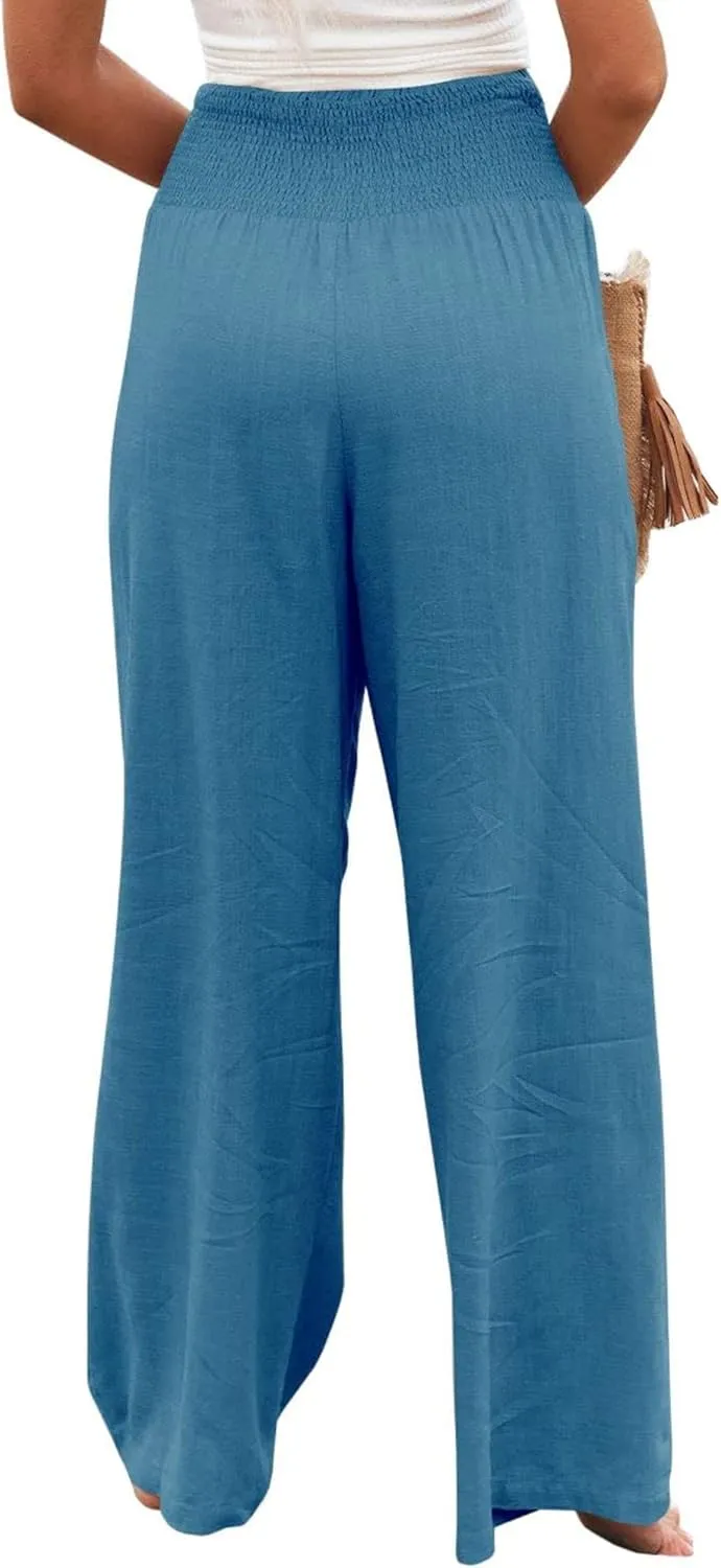 Women's Linen Palazzo Pants Summer High Waisted Boho Wide Leg Long Lounge Pant Trousers with Pocket