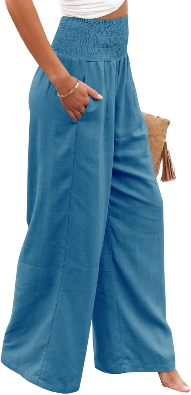 Women's Linen Palazzo Pants Summer High Waisted Boho Wide Leg Long Lounge Pant Trousers with Pocket
