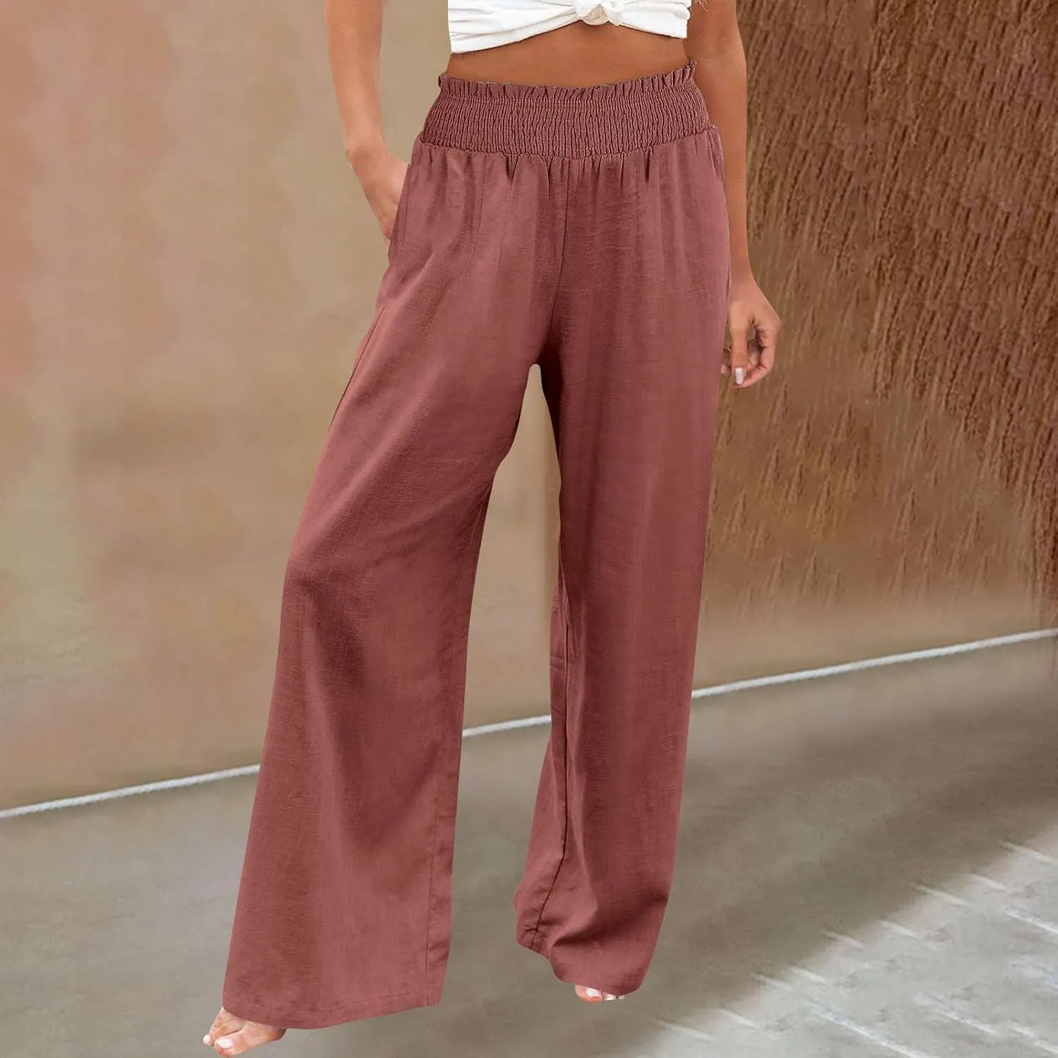Women's Linen Palazzo Pants Wide Leg High Waistband Summer Boho Trousers Casual Travel Vacation Lounge Comfy Outfits