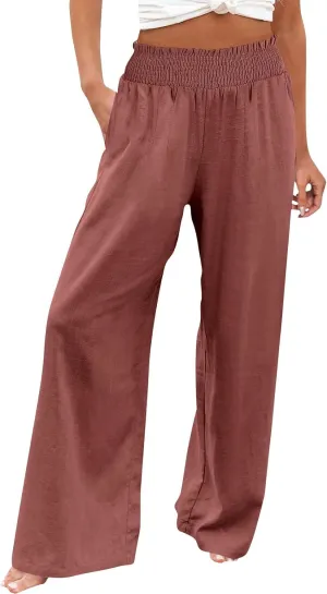 Women's Linen Palazzo Pants Wide Leg High Waistband Summer Boho Trousers Casual Travel Vacation Lounge Comfy Outfits