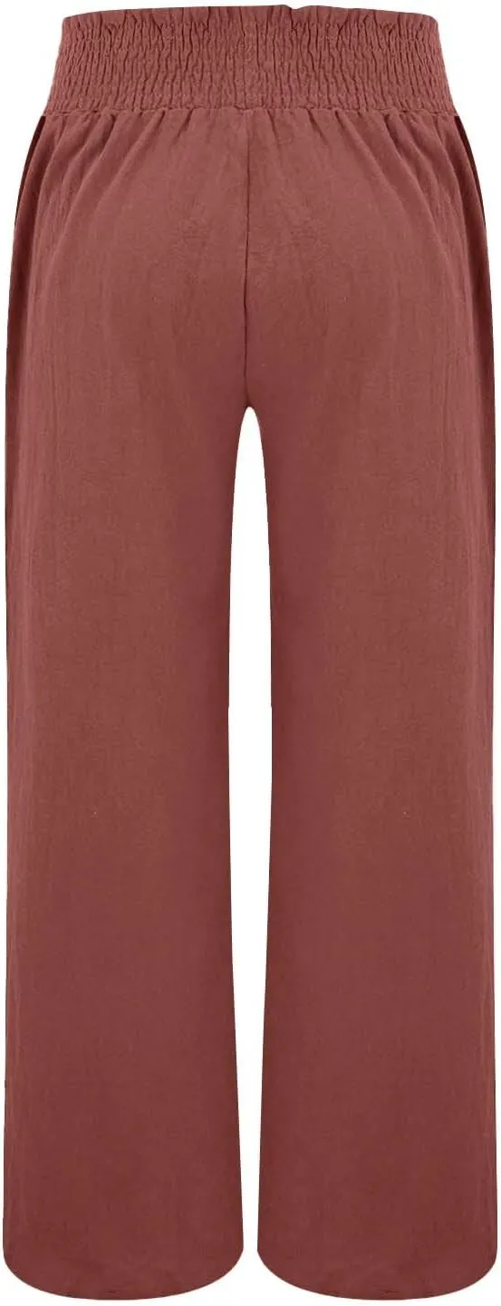 Women's Linen Palazzo Pants Wide Leg High Waistband Summer Boho Trousers Casual Travel Vacation Lounge Comfy Outfits
