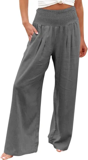 Womens Linen Pants 2025 Summer Casual Loose Wide Leg Palazzo Pants Smocked High Waist Flowy Beach Trousers Outfits