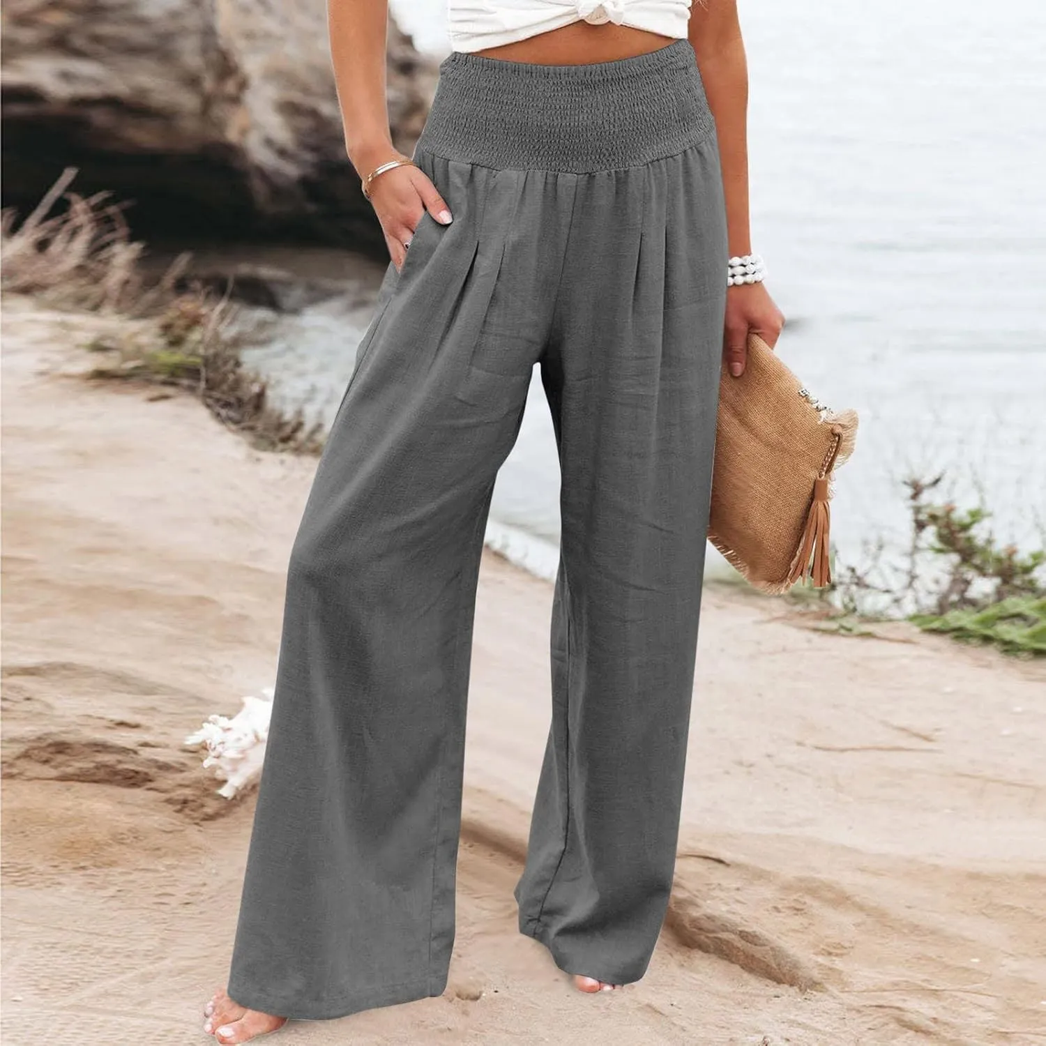 Womens Linen Pants 2025 Summer Casual Loose Wide Leg Palazzo Pants Smocked High Waist Flowy Beach Trousers Outfits