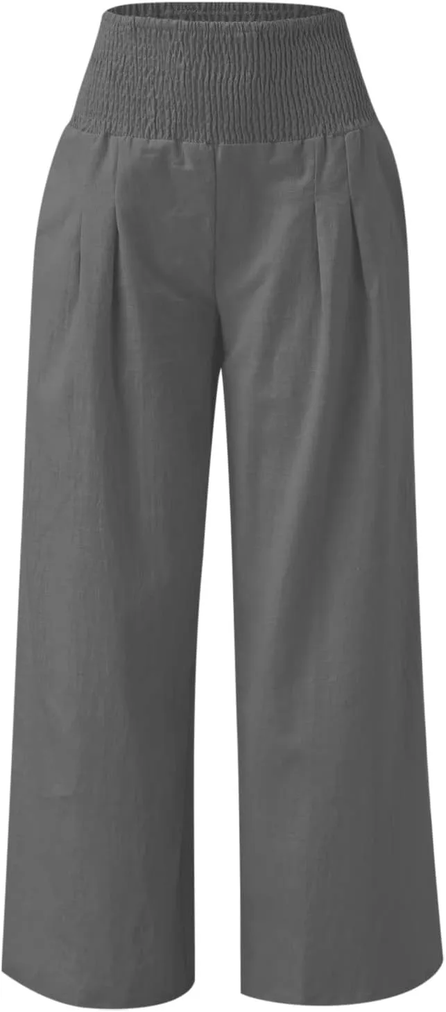 Womens Linen Pants 2025 Summer Casual Loose Wide Leg Palazzo Pants Smocked High Waist Flowy Beach Trousers Outfits