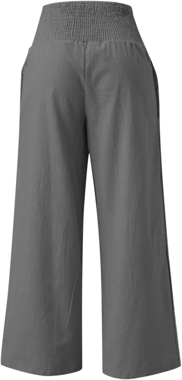 Womens Linen Pants 2025 Summer Casual Loose Wide Leg Palazzo Pants Smocked High Waist Flowy Beach Trousers Outfits
