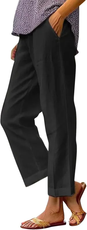 Women's Linen Pants Solid Elastic Pants Long Drawstring Linen Women Waist Cotton Casual Pants with Pockets Petite