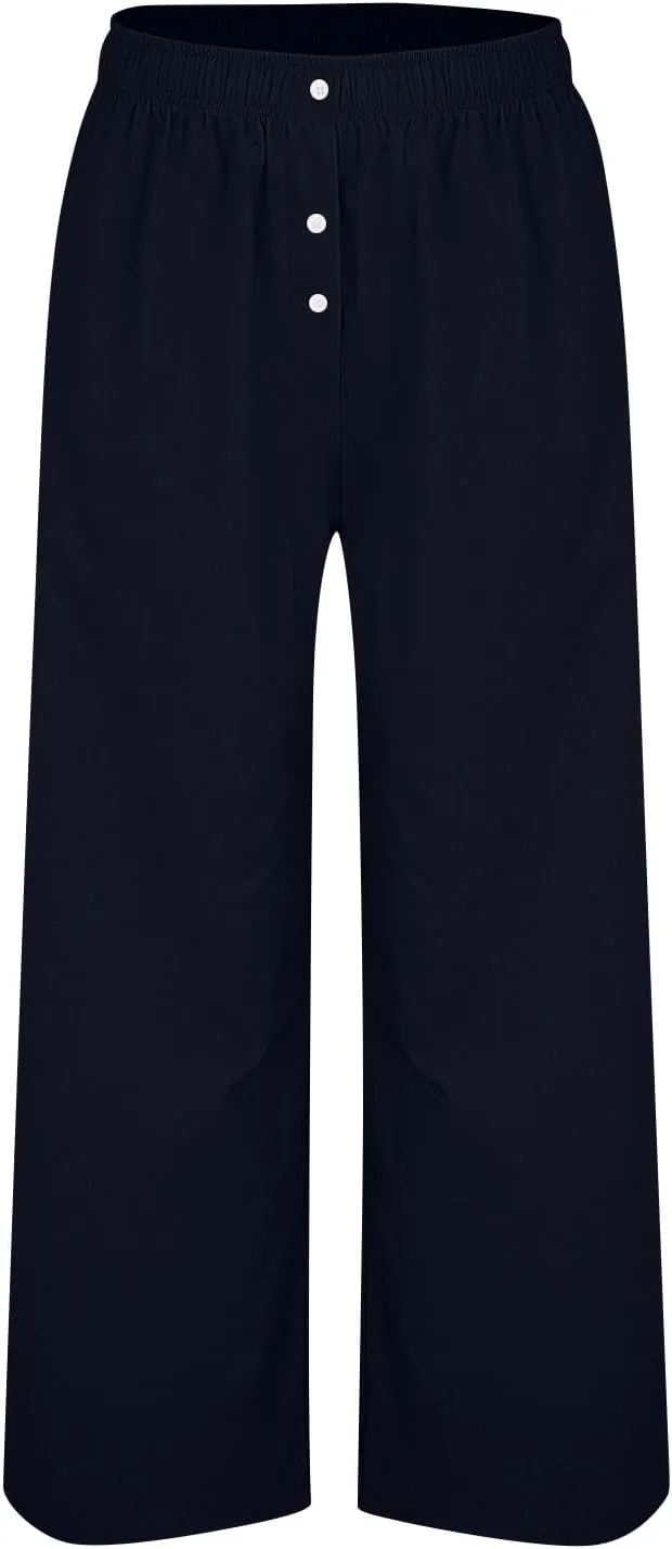 Womens Linen Pants Summer Wide Leg Palazzo High Waist Lightweight Beach Casual Lounge Pant