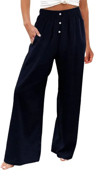 Womens Linen Pants Summer Wide Leg Palazzo High Waist Lightweight Beach Casual Lounge Pant