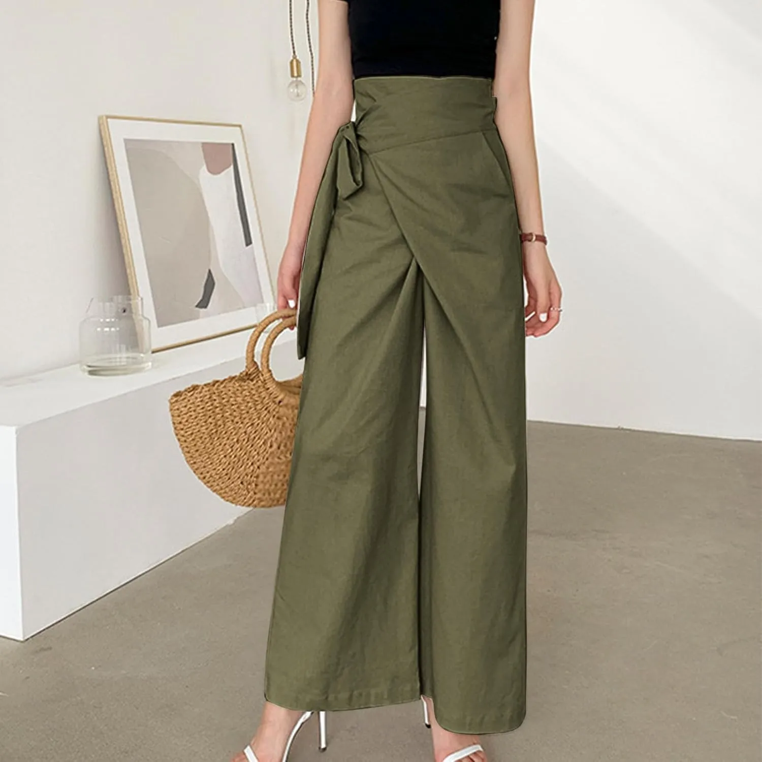 Womens Linen Pants Wide Leg High Waisted Palazzo Vacation Pants with Adjustable Tie Belt Casual Solid Summer Trousers