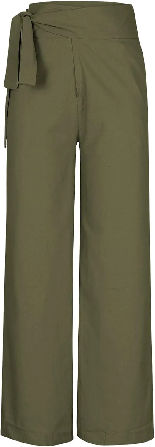 Womens Linen Pants Wide Leg High Waisted Palazzo Vacation Pants with Adjustable Tie Belt Casual Solid Summer Trousers