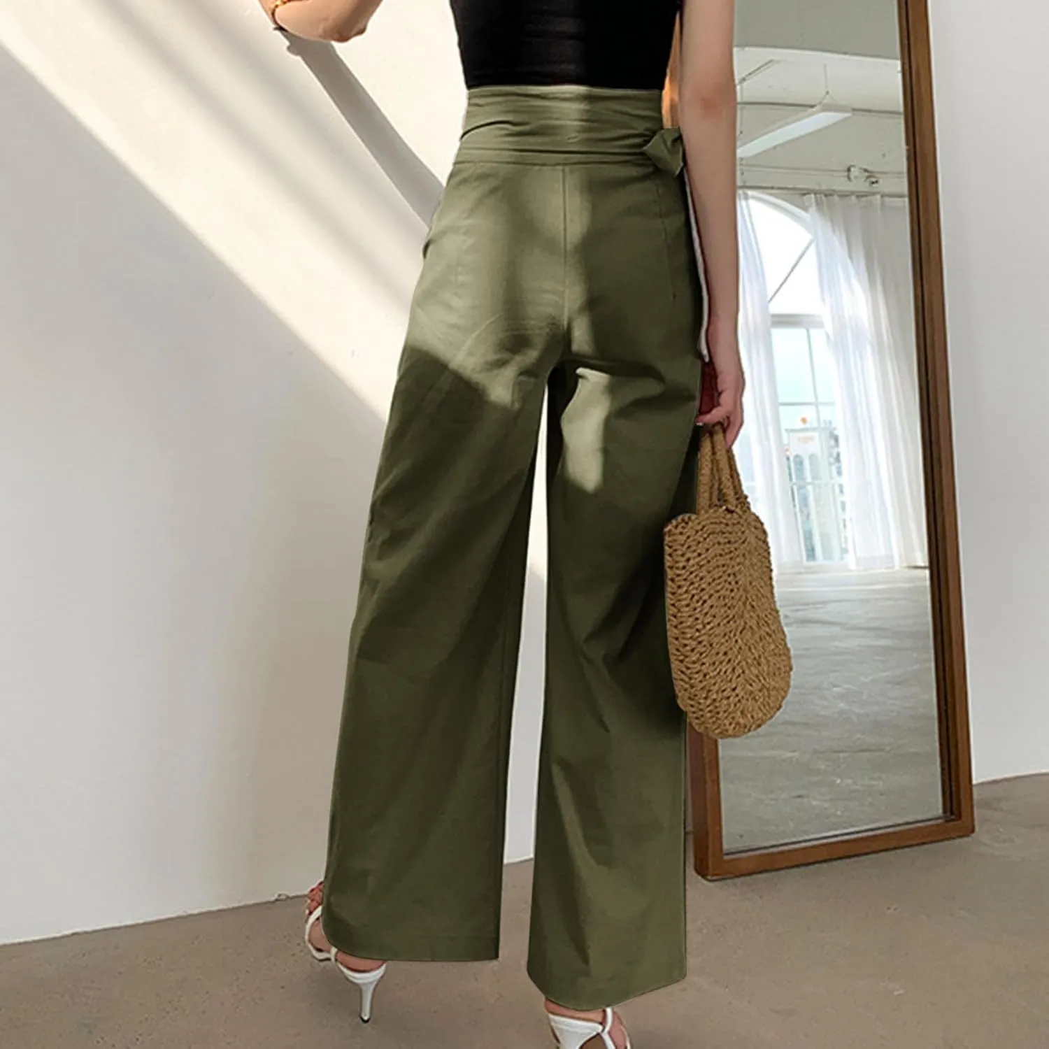 Womens Linen Pants Wide Leg High Waisted Palazzo Vacation Pants with Adjustable Tie Belt Casual Solid Summer Trousers