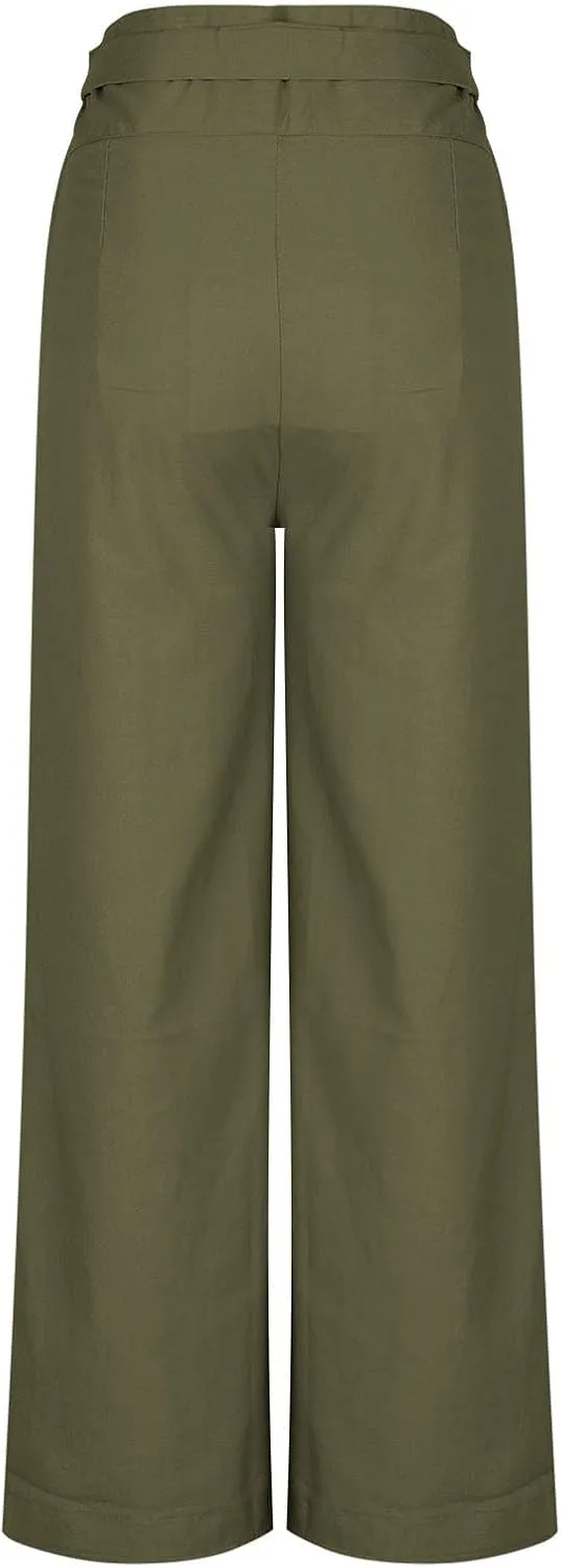 Womens Linen Pants Wide Leg High Waisted Palazzo Vacation Pants with Adjustable Tie Belt Casual Solid Summer Trousers