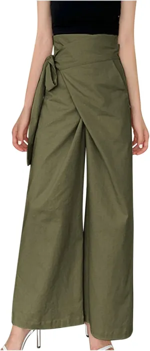 Womens Linen Pants Wide Leg High Waisted Palazzo Vacation Pants with Adjustable Tie Belt Casual Solid Summer Trousers