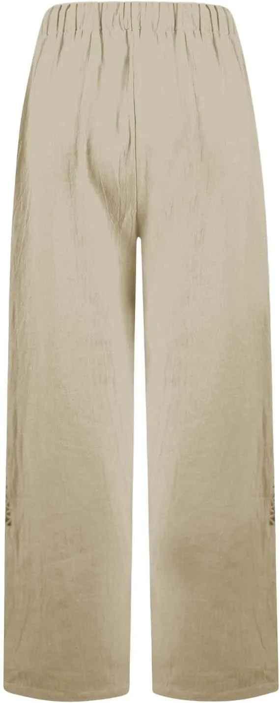 Women's Linen Pants with Pockets Drawstring Loose Fit Pants Trousers with Side Pockets Linen Blend Pants