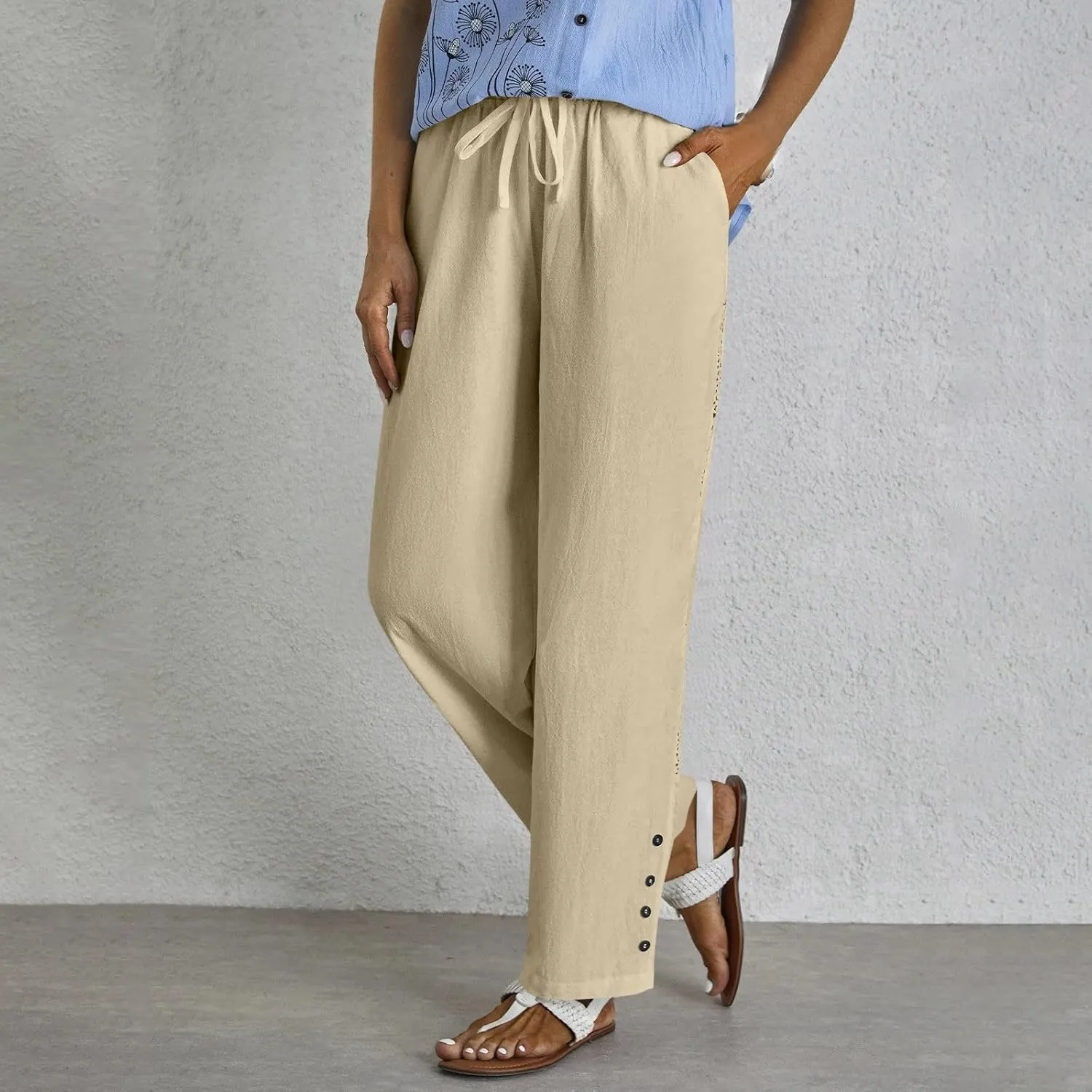 Women's Linen Pants with Pockets Drawstring Loose Fit Pants Trousers with Side Pockets Linen Blend Pants