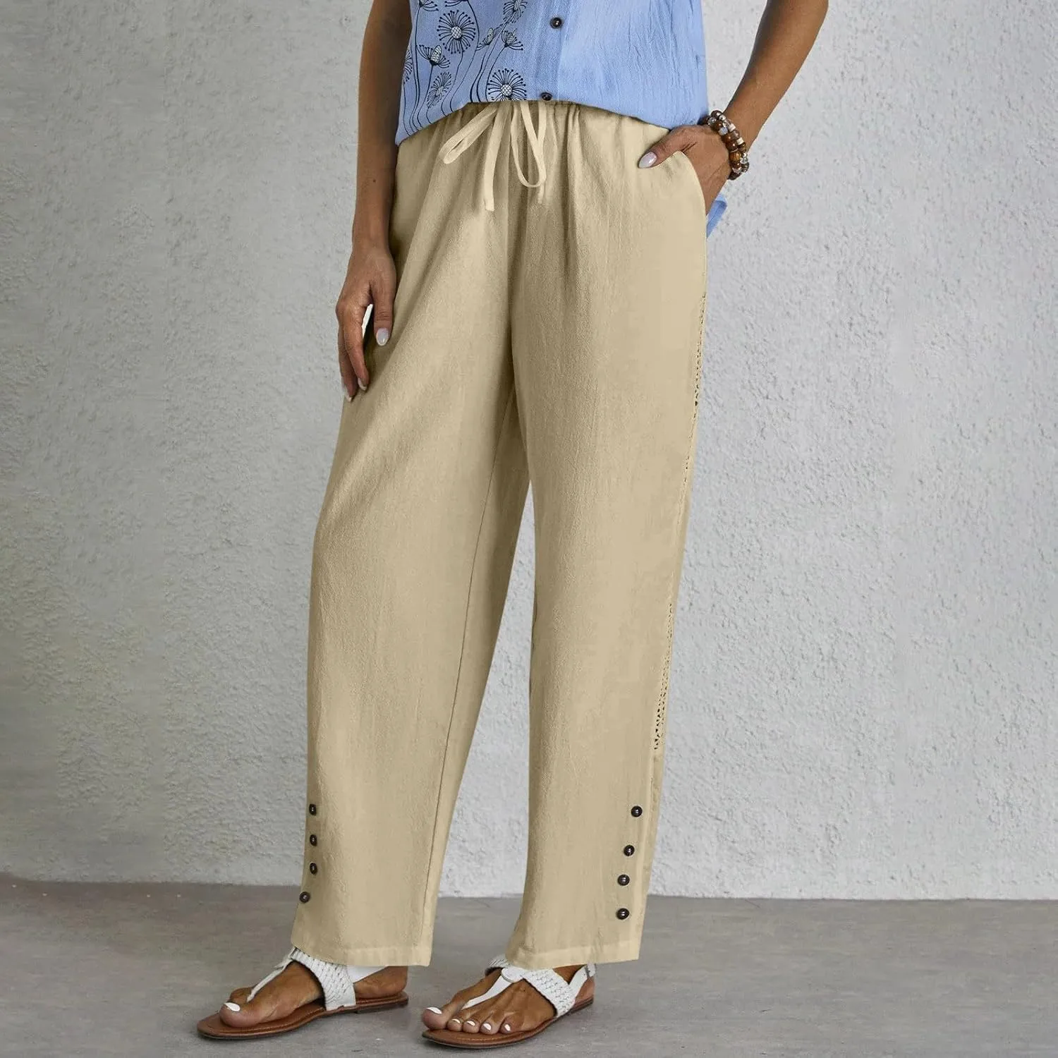 Women's Linen Pants with Pockets Drawstring Loose Fit Pants Trousers with Side Pockets Linen Blend Pants