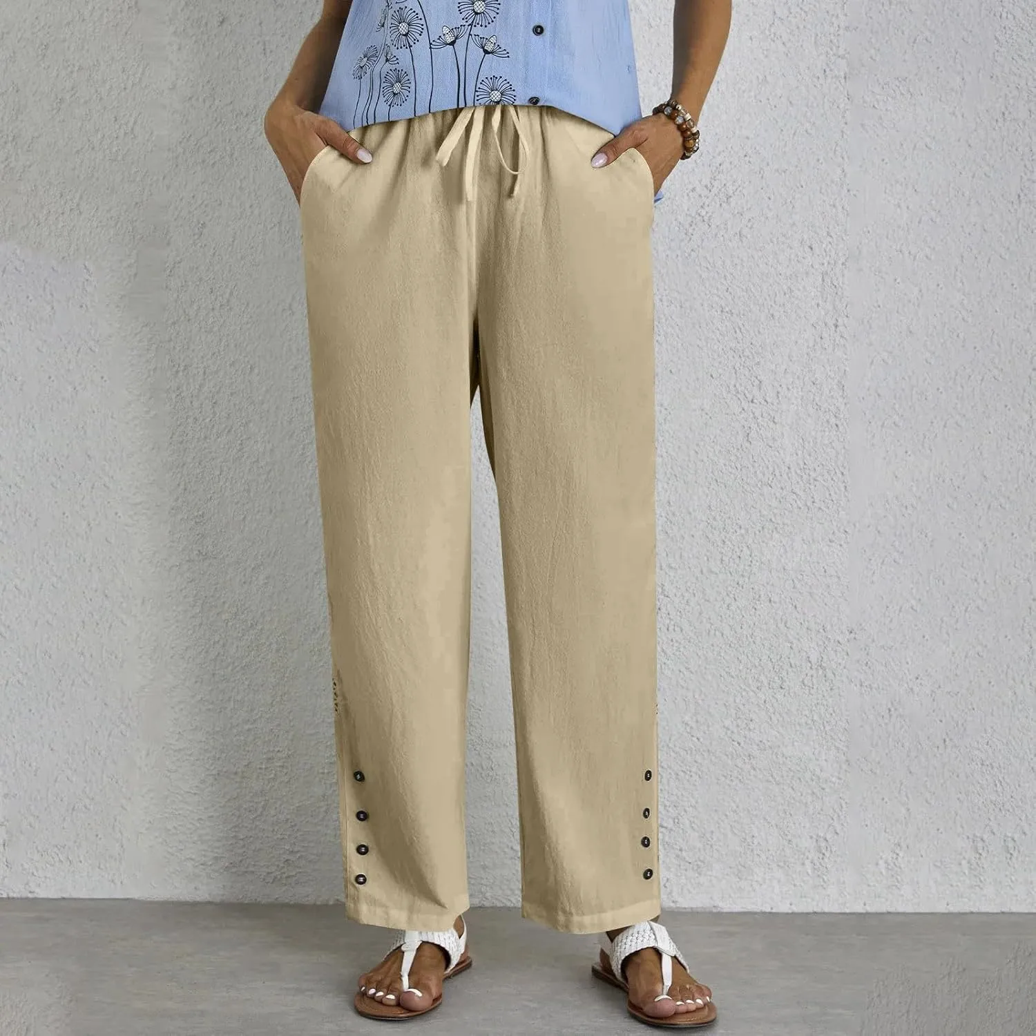 Women's Linen Pants with Pockets Drawstring Loose Fit Pants Trousers with Side Pockets Linen Blend Pants