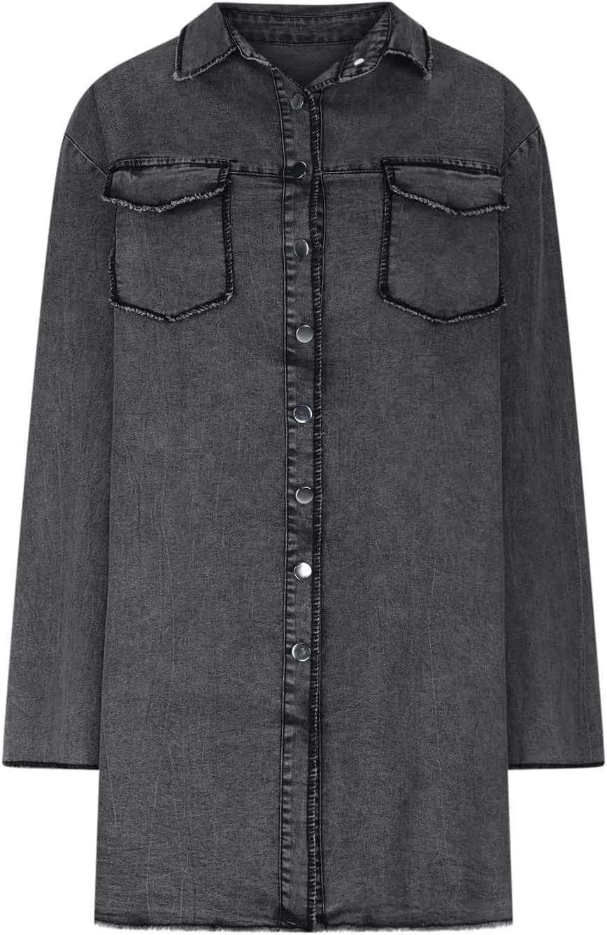 Womens Long Denim Jackets Plus Size Trench Coat Open Front Cardigan Button Down Long Sleeve Classic Jeans Jackets