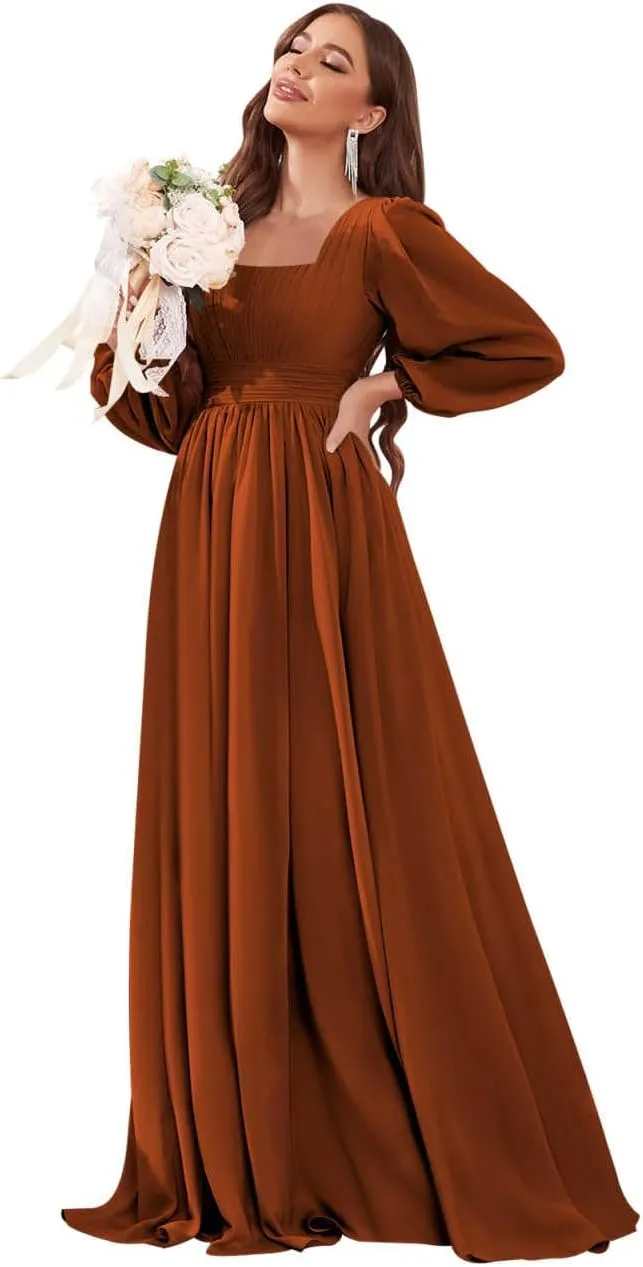 Women's Long Sleeve Bridesmaid Dress with Pockets Square Neck Formal Dresses Pleated Chiffon Wedding Guest Dress