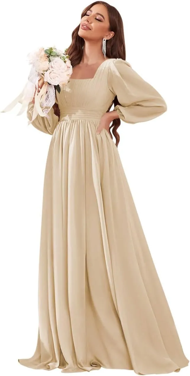 Women's Long Sleeve Bridesmaid Dress with Pockets Square Neck Formal Dresses Pleated Chiffon Wedding Guest Dress