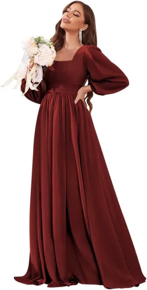 Women's Long Sleeve Bridesmaid Dress with Pockets Square Neck Formal Dresses Pleated Chiffon Wedding Guest Dress
