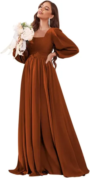 Women's Long Sleeve Bridesmaid Dress with Pockets Square Neck Formal Dresses Pleated Chiffon Wedding Guest Dress