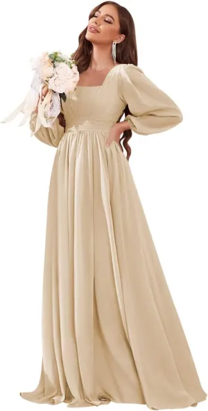 Women's Long Sleeve Bridesmaid Dress with Pockets Square Neck Formal Dresses Pleated Chiffon Wedding Guest Dress