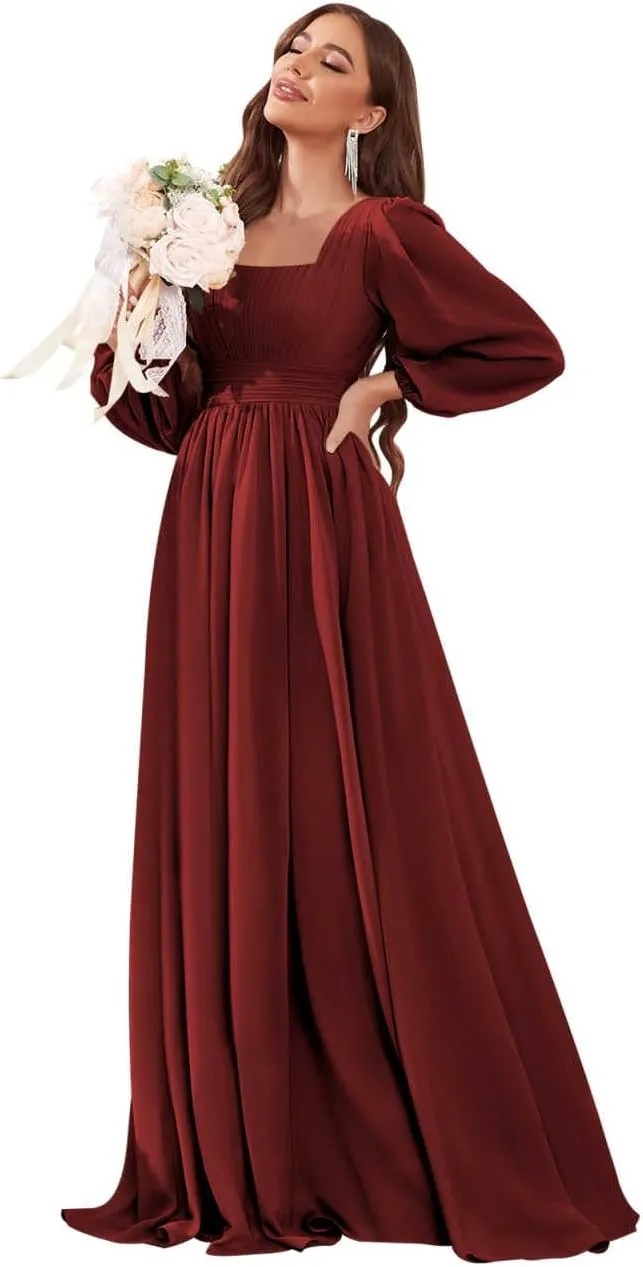 Women's Long Sleeve Bridesmaid Dress with Pockets Square Neck Formal Dresses Pleated Chiffon Wedding Guest Dress