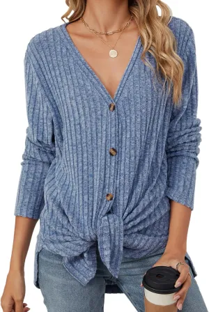Women's Long Sleeve Knit Sweater Open Front Cardigan Button Loose Outerwear Tie Front Knot Tops