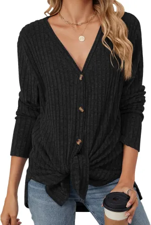 Women's Long Sleeve Knit Sweater Open Front Cardigan Button Loose Outerwear Tie Front Knot Tops