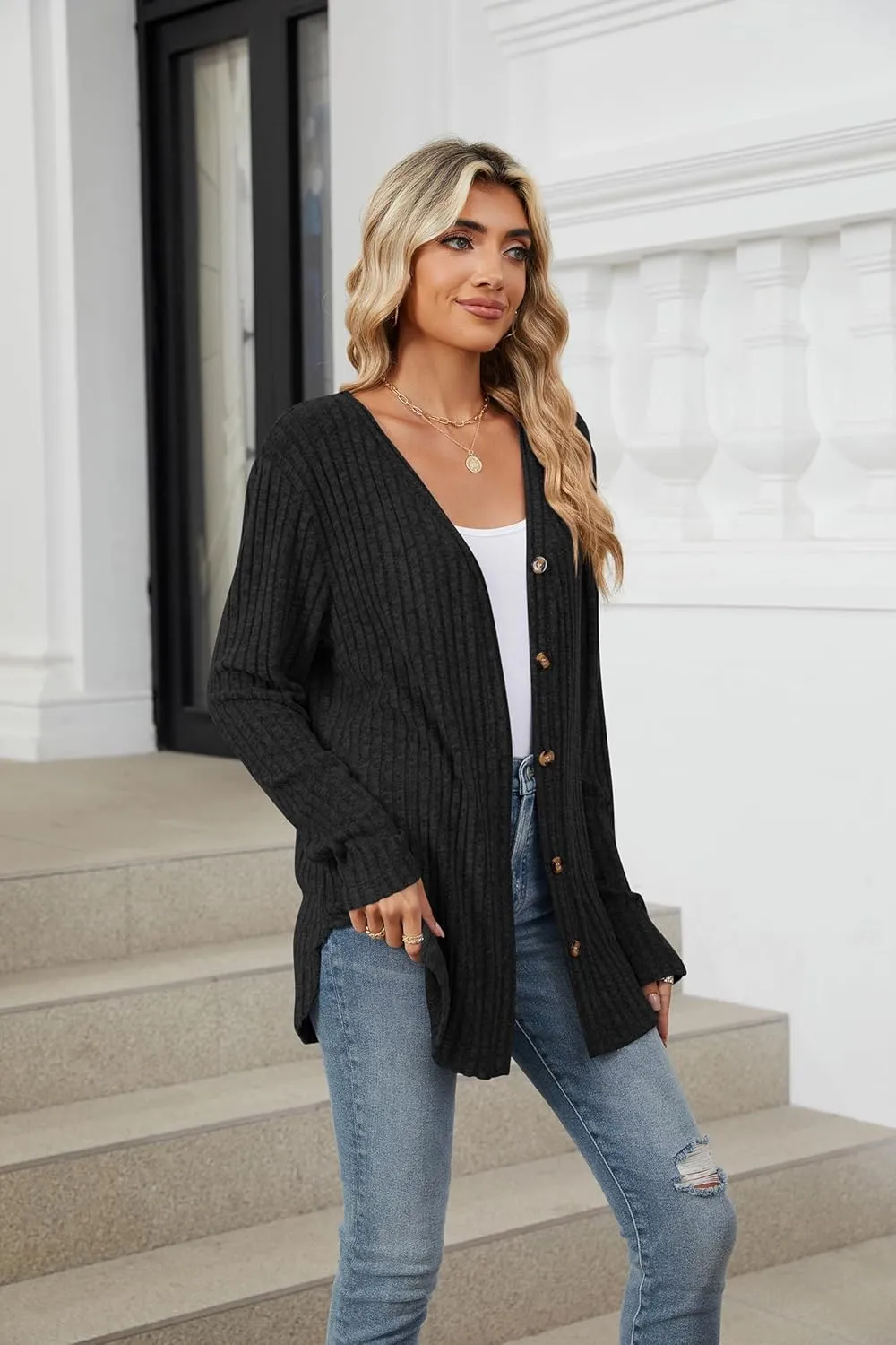 Women's Long Sleeve Knit Sweater Open Front Cardigan Button Loose Outerwear Tie Front Knot Tops