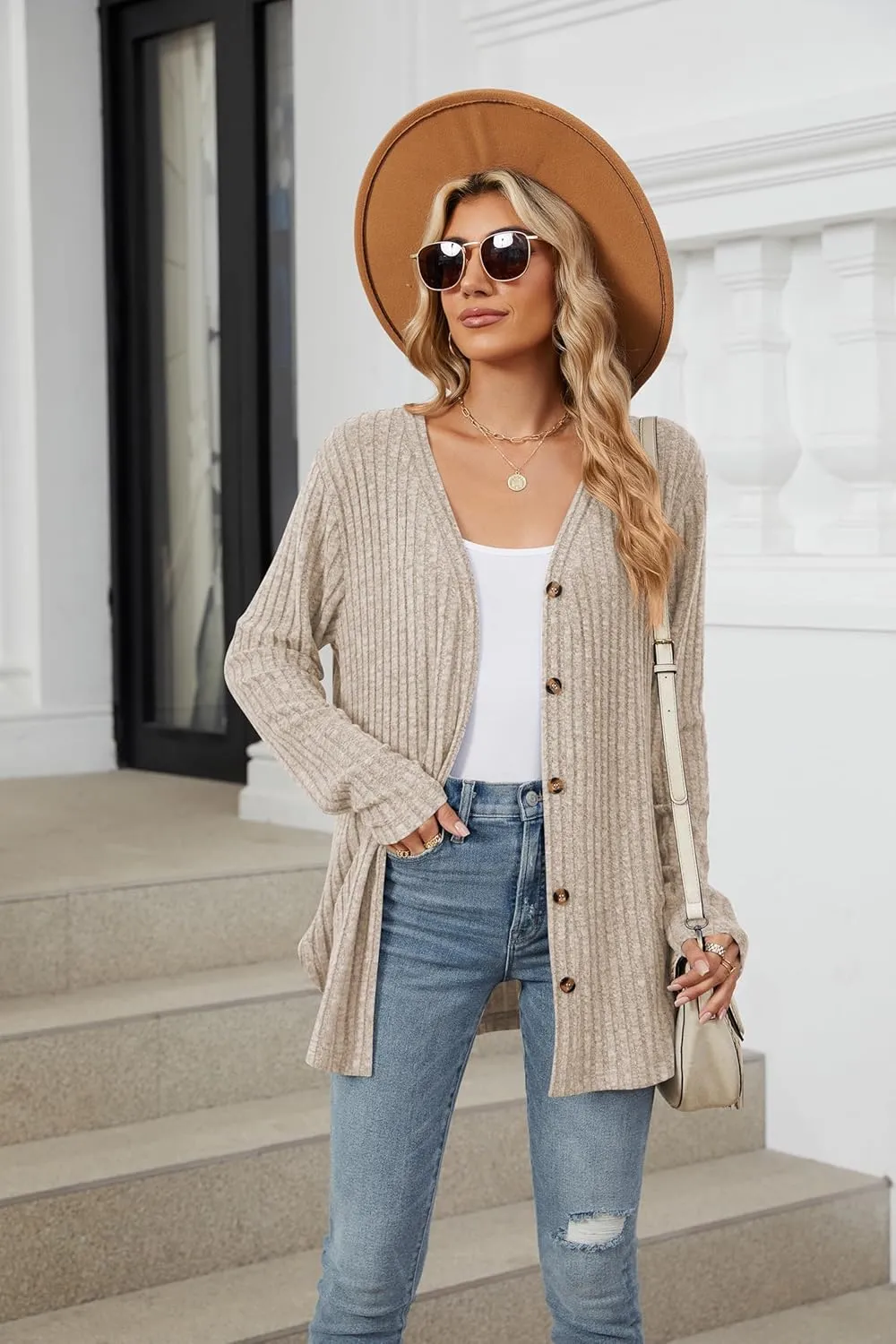 Women's Long Sleeve Knit Sweater Open Front Cardigan Button Loose Outerwear Tie Front Knot Tops