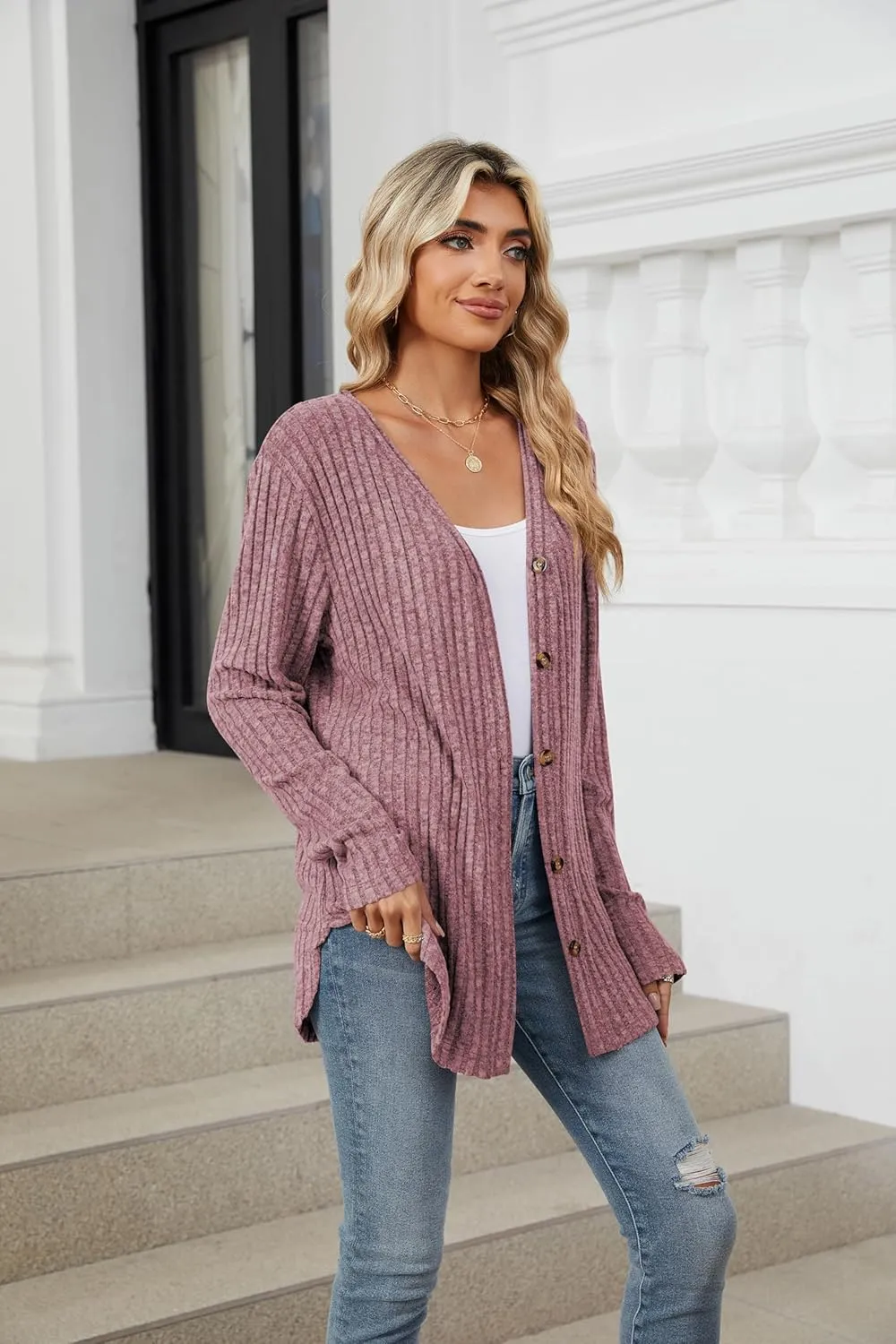 Women's Long Sleeve Knit Sweater Open Front Cardigan Button Loose Outerwear Tie Front Knot Tops