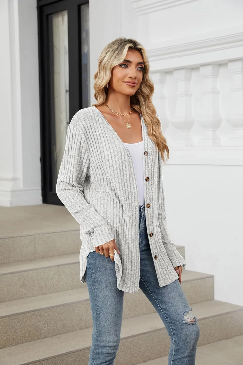 Women's Long Sleeve Knit Sweater Open Front Cardigan Button Loose Outerwear Tie Front Knot Tops