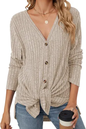 Women's Long Sleeve Knit Sweater Open Front Cardigan Button Loose Outerwear Tie Front Knot Tops