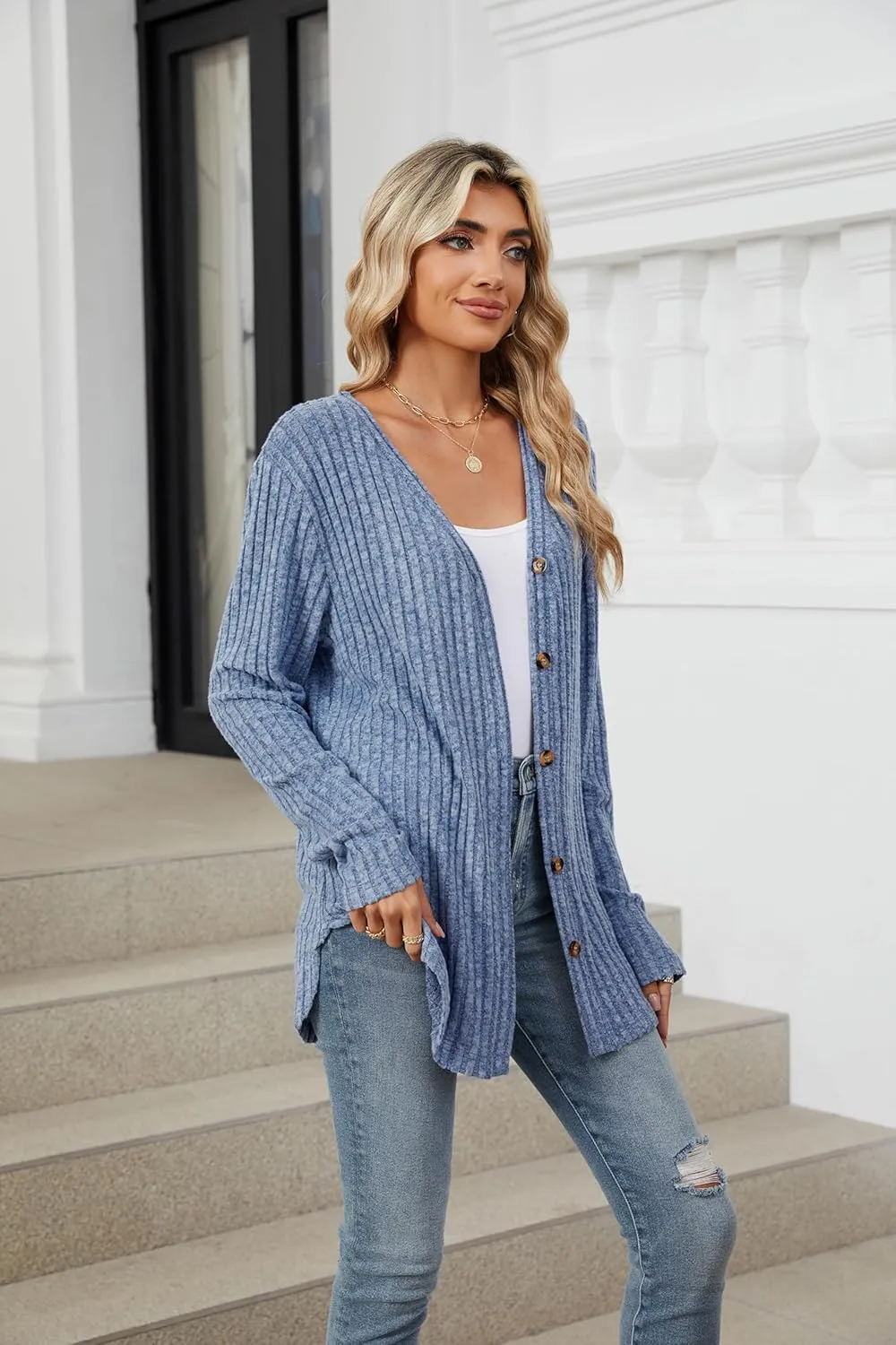 Women's Long Sleeve Knit Sweater Open Front Cardigan Button Loose Outerwear Tie Front Knot Tops