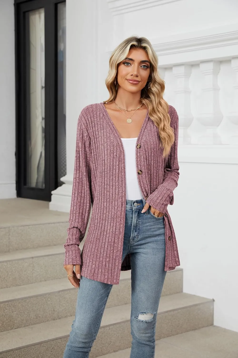 Women's Long Sleeve Knit Sweater Open Front Cardigan Button Loose Outerwear Tie Front Knot Tops