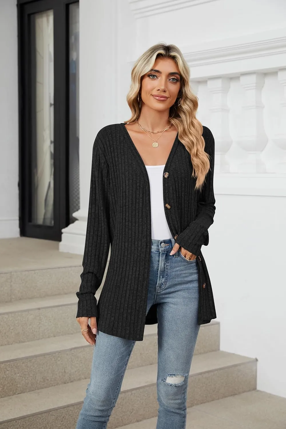Women's Long Sleeve Knit Sweater Open Front Cardigan Button Loose Outerwear Tie Front Knot Tops
