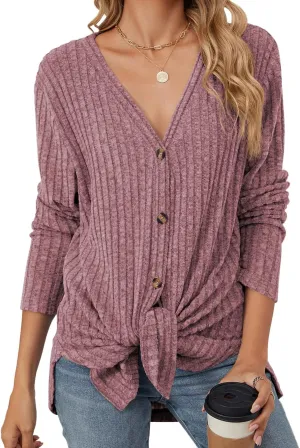 Women's Long Sleeve Knit Sweater Open Front Cardigan Button Loose Outerwear Tie Front Knot Tops