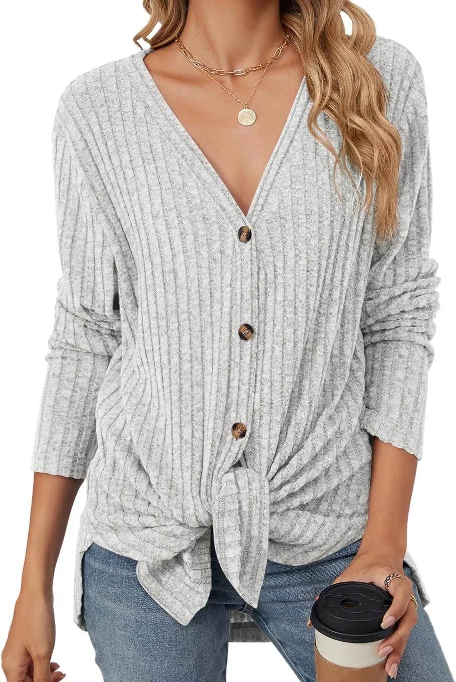 Women's Long Sleeve Knit Sweater Open Front Cardigan Button Loose Outerwear Tie Front Knot Tops