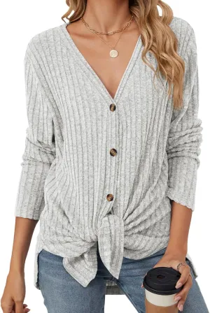 Women's Long Sleeve Knit Sweater Open Front Cardigan Button Loose Outerwear Tie Front Knot Tops