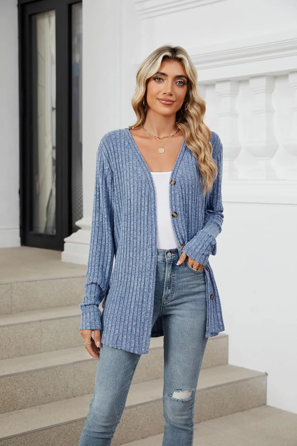 Women's Long Sleeve Knit Sweater Open Front Cardigan Button Loose Outerwear Tie Front Knot Tops